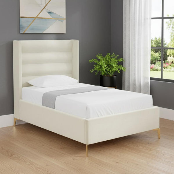 HomeRoots Cream Tufted Velvet Twin Bed Frame - Elegant Design, Durable Comfort, No Box Spring Needed, Cozy Retreat 544805