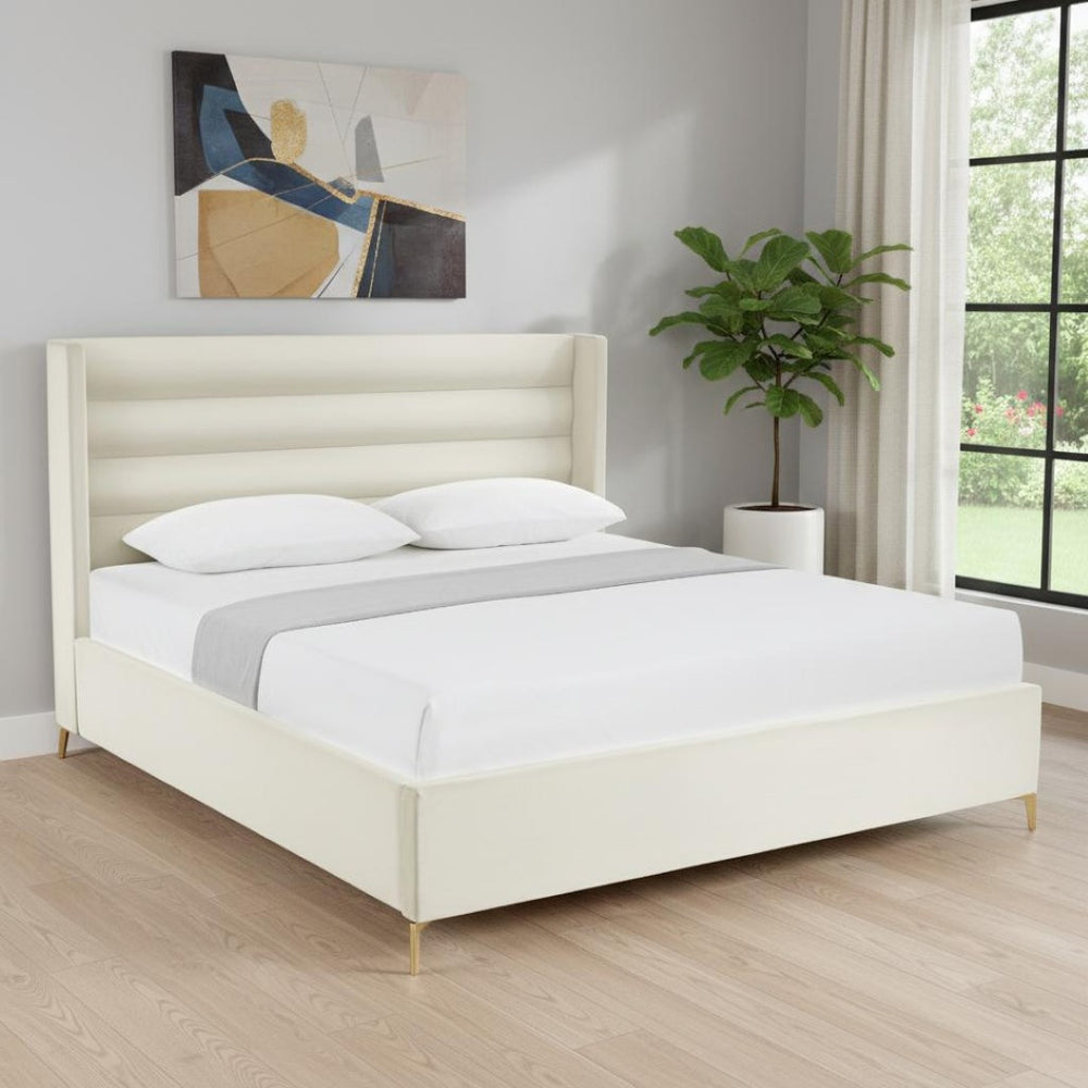 HomeRoots Cream Tufted Velvet King Bed Frame – Elegant Upholstered Design with Eucalyptus Frame for Comfort 544806