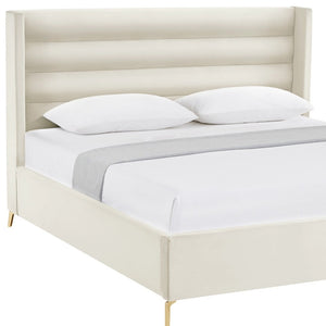 HomeRoots Cream Tufted Velvet King Bed Frame – Elegant Upholstered Design with Eucalyptus Frame for Comfort 544806