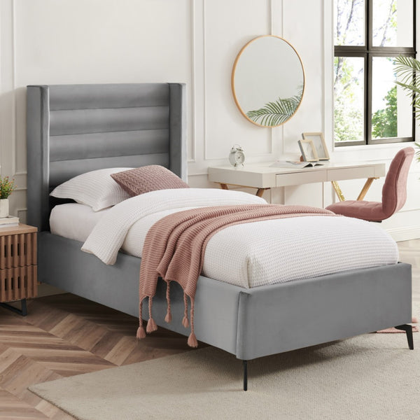 HomeRoots Light Gray Tufted Velvet Twin Bed Frame – Elegant Upholstered Design for Cozy Modern Bedrooms 544808