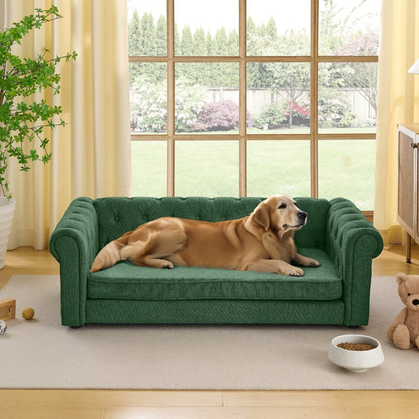 English Elm Elegant Oversized Dog Sofa Elevated Linen Upholstered Pet Bed for Large Breeds W487P311776