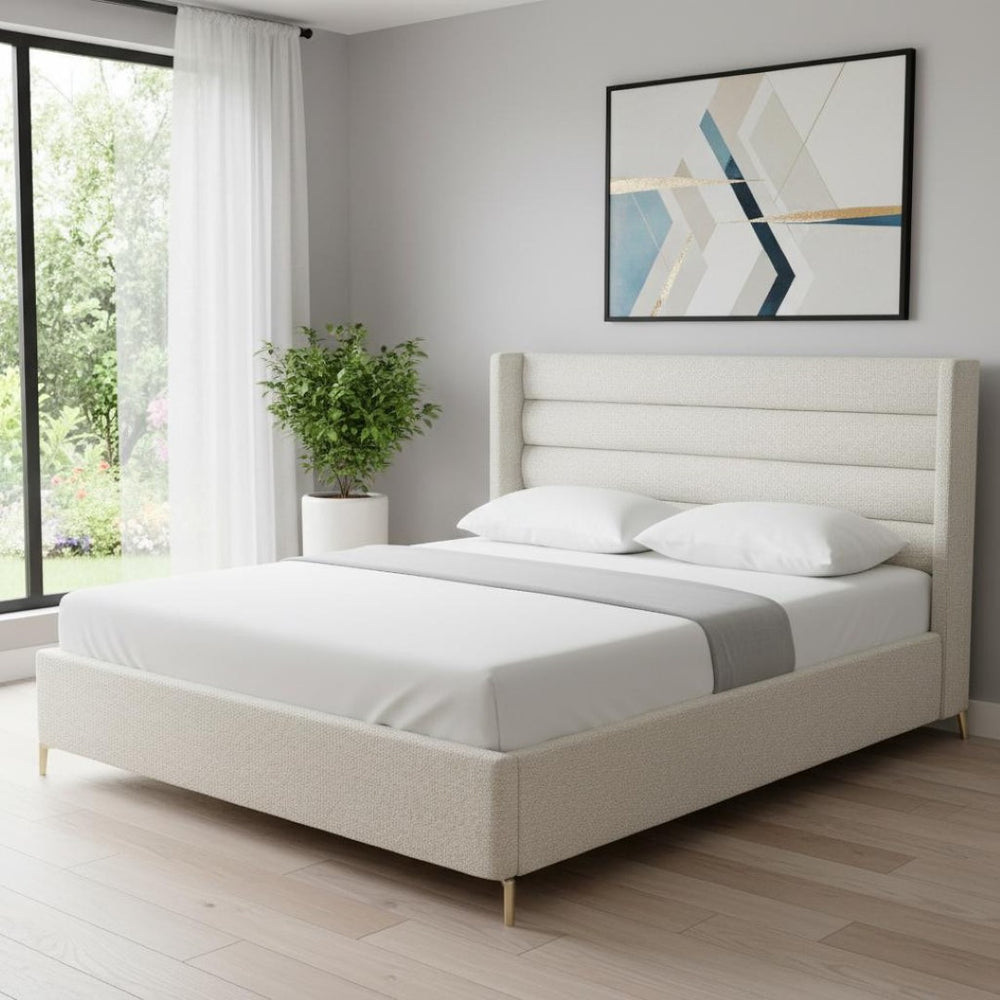 HomeRoots Beige Tufted Linen King Bed Frame - Elegant Upholstered Design with Sturdy Eucalyptus Wood Frame 544815