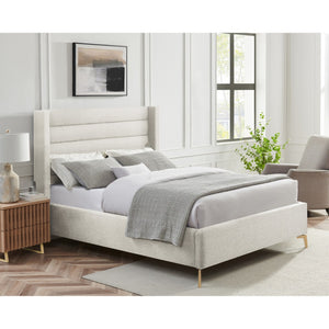 HomeRoots Beige Tufted Linen King Bed Frame - Elegant Upholstered Design with Sturdy Eucalyptus Wood Frame 544815