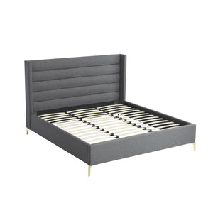 HomeRoots Gray Linen Upholstered Bed Frame - Stylish, Contemporary Design with Solid Support and Comfort King 544818