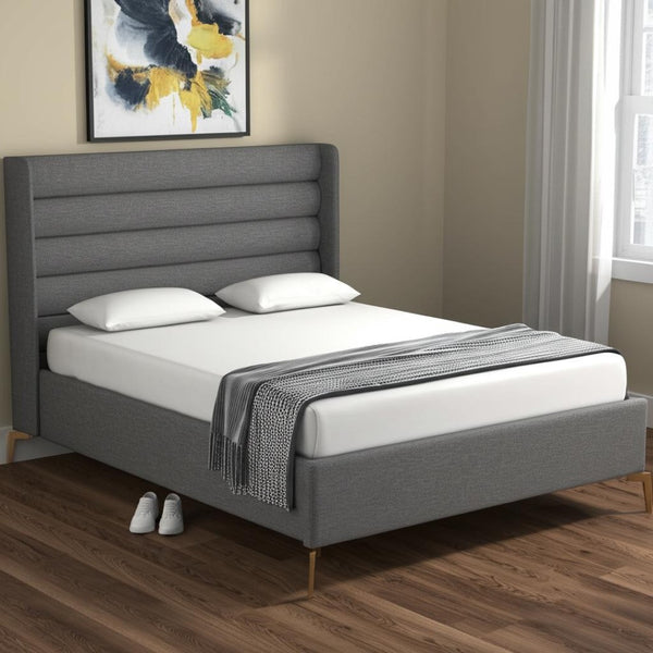 HomeRoots Gray Linen Upholstered Bed Frame - Stylish, Contemporary Design with Solid Support and Comfort King 544818