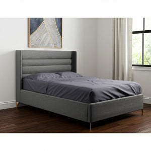 HomeRoots Gray Linen Upholstered Bed Frame - Stylish, Contemporary Design with Solid Support and Comfort Queen 544819