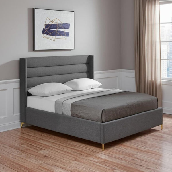 HomeRoots Gray Linen Upholstered Bed Frame - Stylish, Contemporary Design with Solid Support and Comfort Queen 544819