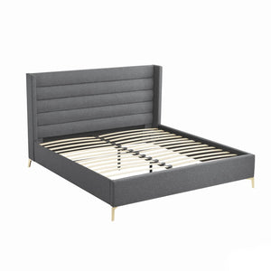 HomeRoots Gray Linen Upholstered Bed Frame - Stylish, Contemporary Design with Solid Support and Comfort Queen 544819