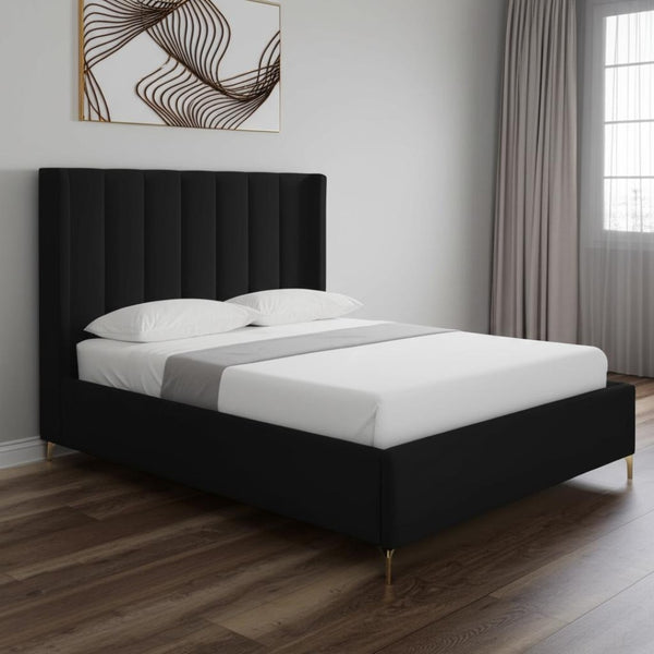 HomeRoots Black Velvet Upholstered Bed Frame - Chic, Durable Design for Modern Bedrooms with Sturdy Support Queen 544822
