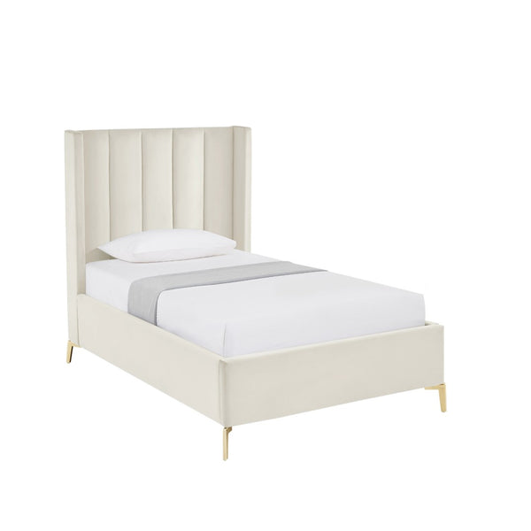 HomeRoots Cream Tufted Velvet Upholstered Twin Bed Frame – Luxurious Design, Durable Eucalyptus, Cozy Comfort 544823