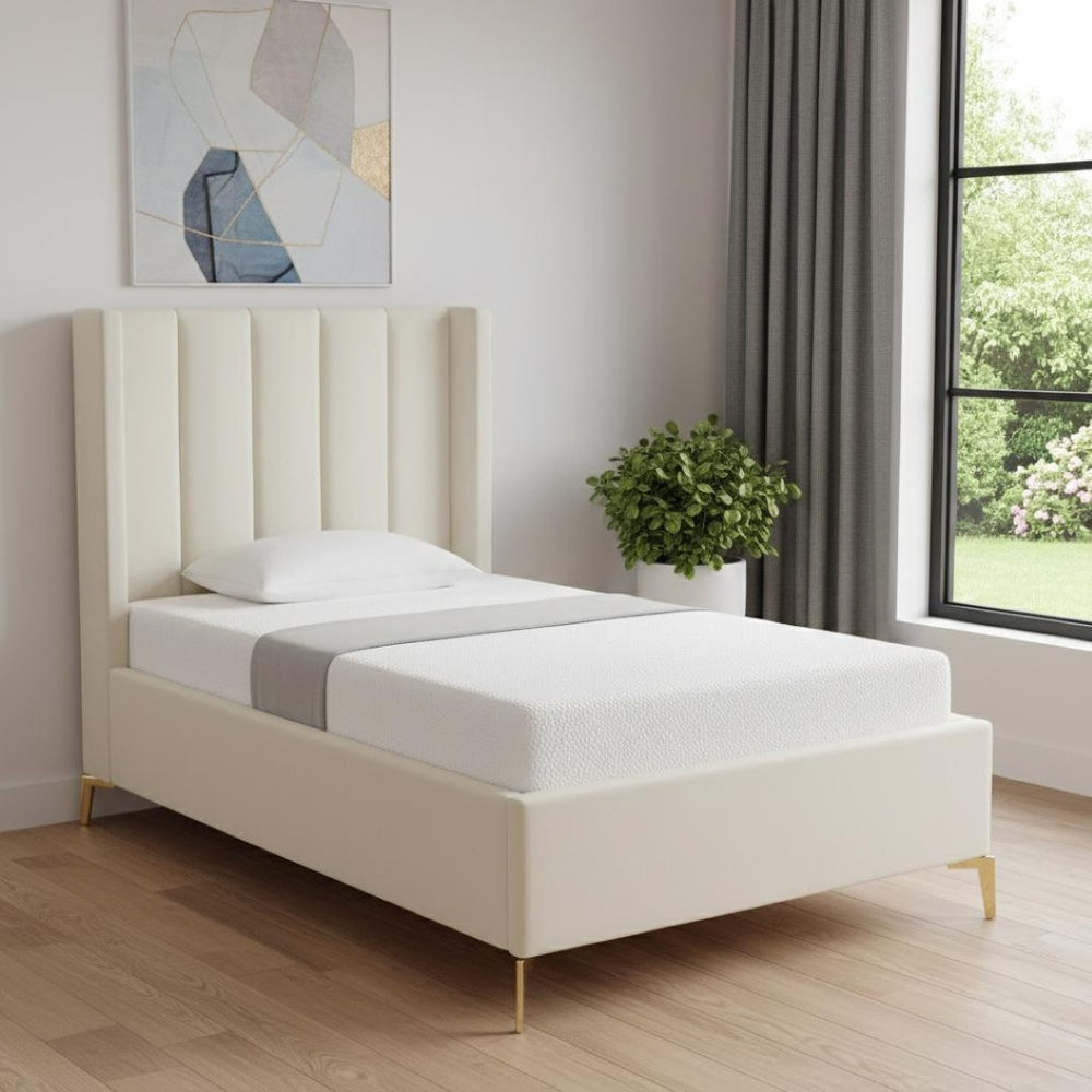 HomeRoots Cream Tufted Velvet Upholstered Twin Bed Frame – Luxurious Design, Durable Eucalyptus, Cozy Comfort 544823
