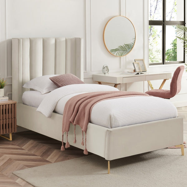 HomeRoots Cream Tufted Velvet Upholstered Twin Bed Frame – Luxurious Design, Durable Eucalyptus, Cozy Comfort 544823