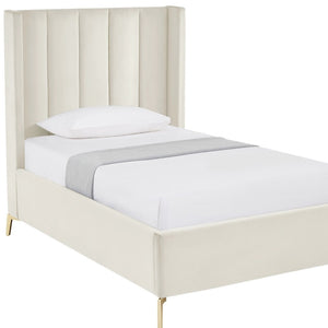 HomeRoots Cream Tufted Velvet Upholstered Twin Bed Frame – Luxurious Design, Durable Eucalyptus, Cozy Comfort 544823