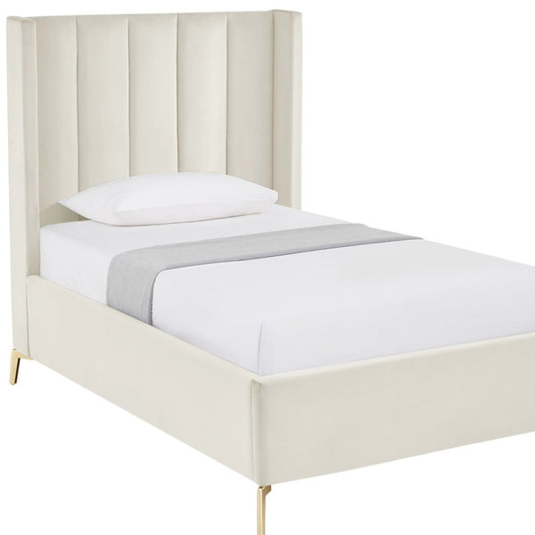 HomeRoots Cream Tufted Velvet Upholstered Twin Bed Frame – Luxurious Design, Durable Eucalyptus, Cozy Comfort 544823
