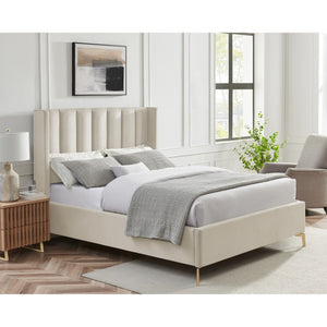 HomeRoots Cream Button-Tufted Velvet King Bed Frame - Elegant Design, Durable Comfort & Stylish Support System 544824