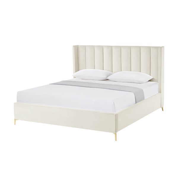 HomeRoots Cream Button-Tufted Velvet King Bed Frame - Elegant Design, Durable Comfort & Stylish Support System 544824