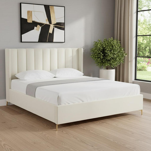 HomeRoots Cream Tufted Velvet Queen Bed Frame – Elegant Upholstered Design for Luxurious Comfort & Support 544825