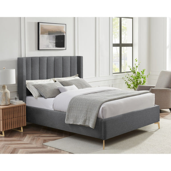 HomeRoots Gray Linen Upholstered Bed Frame - Modern Design with Sturdy Eucalyptus Wood, Perfect for Cozy Bedrooms King 544836