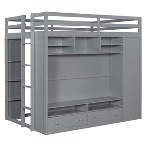English Elm Full Size Loft Bed with Led Lighting Wardrobe Drawers and Shelves for Teen Rooms Gray LT000499AAE