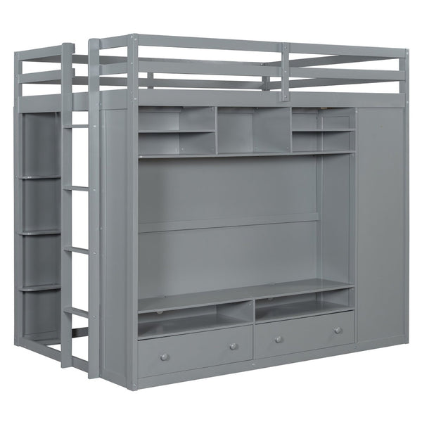 English Elm Full Size Loft Bed with Led Lighting Wardrobe Drawers and Shelves for Teen Rooms Gray LT000499AAE