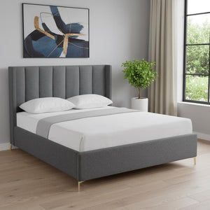 HomeRoots Gray Tufted Linen Queen Bed Frame – Elegant Upholstered Design for Modern Bedrooms, Durable & Cozy 544837