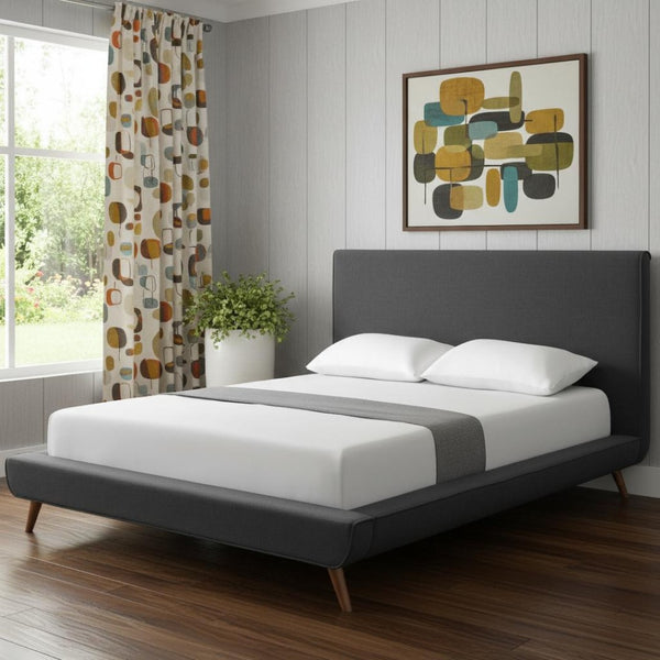 HomeRoots Charcoal Linen Upholstered Queen Bed Frame - Modern Mid-Century Design for Ultimate Comfort & Style 544839