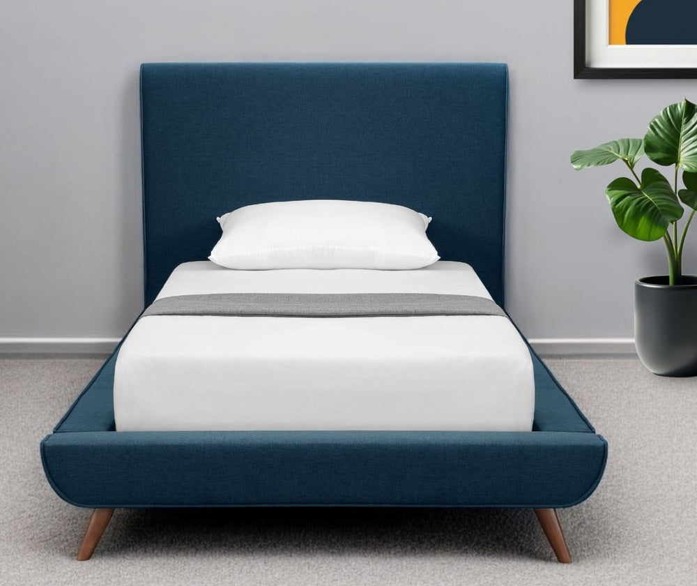 HomeRoots Charcoal Solid Wood Twin Bed with Modern Upholstered Linen and Stylish Rectangular Headboard Design Denim 544843