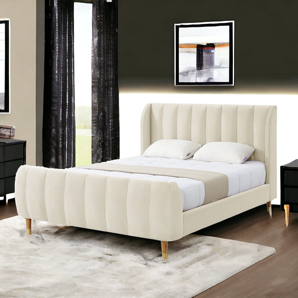 Homeroots Beige Solid Wood King Tufted Upholstered Velvet Bed Frame Beige Velvet 544847