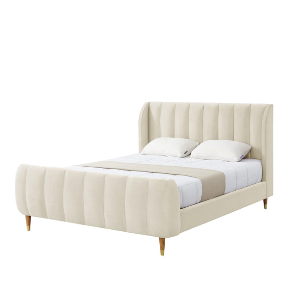 Homeroots Beige Solid Wood Queen Tufted Upholstered Velvet Bed Frame Beige Velvet 544848
