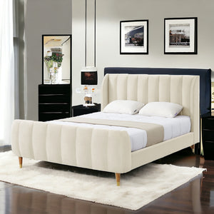 Homeroots Beige Solid Wood Queen Tufted Upholstered Velvet Bed Frame Beige Velvet 544848