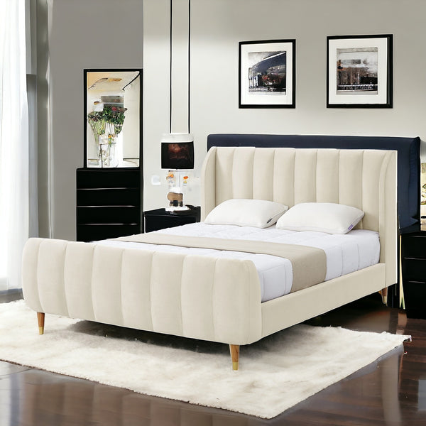 Homeroots Beige Solid Wood Queen Tufted Upholstered Velvet Bed Frame Beige Velvet 544848