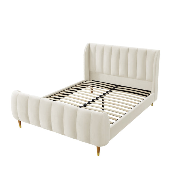Homeroots Beige Solid Wood Queen Tufted Upholstered Velvet Bed Frame Beige Velvet 544848