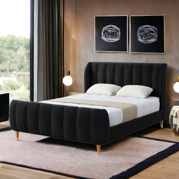 Homeroots Black Solid Wood King Tufted Upholstered Velvet Bed Black Velvet 544849
