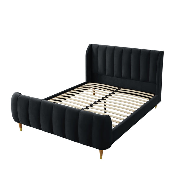 Homeroots Black Solid Wood King Tufted Upholstered Velvet Bed Black Velvet 544849