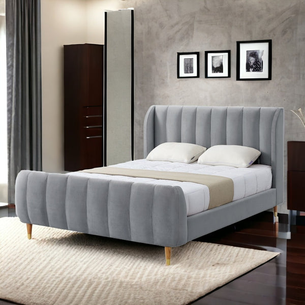 HomeRoots Beige Elegant King Tufted Velvet Bed Frame with Solid Wood Support for a Luxurious Bedroom Upgrade Grey 544851