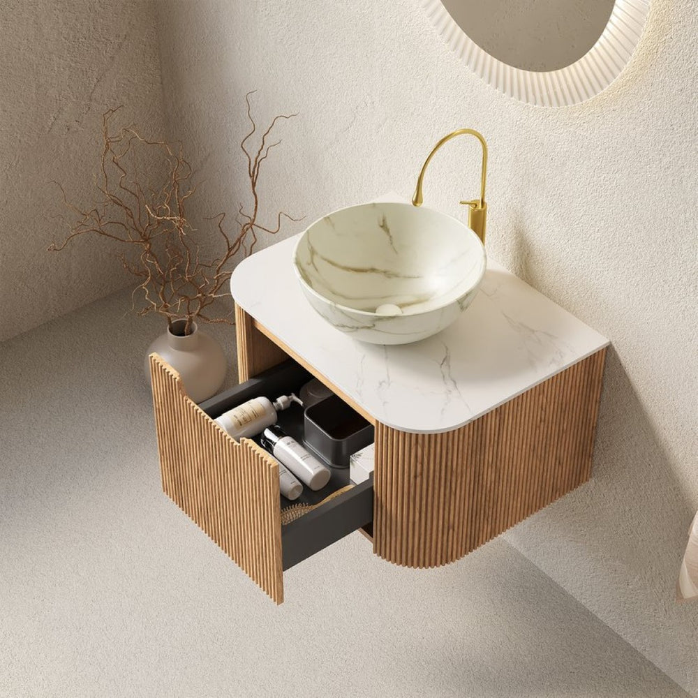 English Elm Dina Floating Bathroom Vanity with Sintered Stone Top and Crystal Glass Basin Carrara White,Natural Wood,Stone White W2615S00692