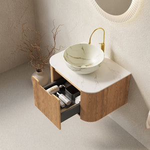 English Elm Dina Floating Bathroom Vanity with Sintered Stone Top and Crystal Glass Basin Carrara White,Natural Wood,Stone White W2615S00692