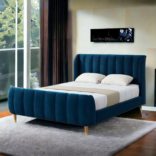 Homeroots Navy Blue Solid Wood Queen Tufted Upholstered Velvet Bed Frame Navy Velvet 544856