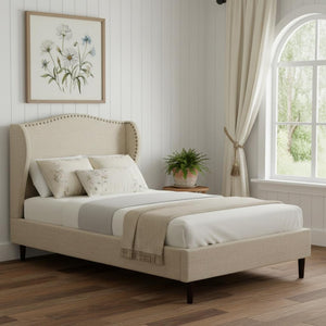 HomeRoots Beige Linen Upholstered Twin Bed Frame - Nailhead Trim, Rustic Charm & Durable Comfort for Any Room 544857