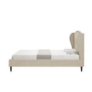 HomeRoots Beige Linen Upholstered Twin Bed Frame - Nailhead Trim, Rustic Charm & Durable Comfort for Any Room 544857