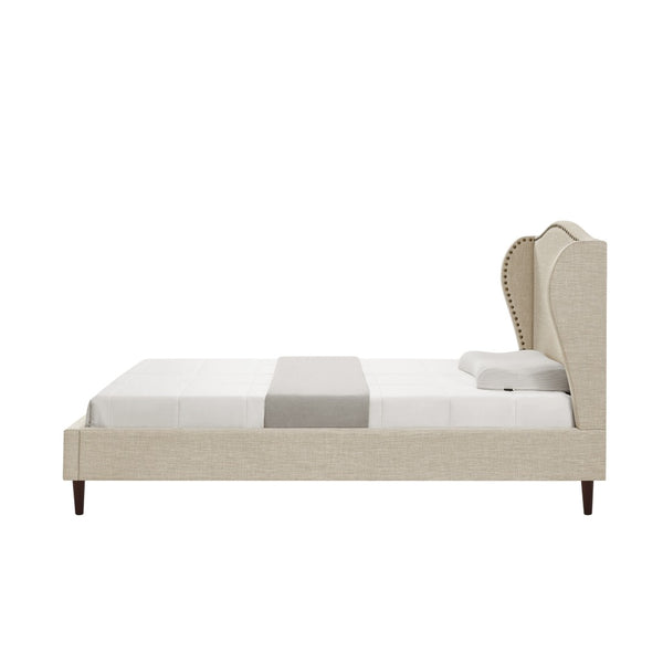 HomeRoots Beige Linen Upholstered Twin Bed Frame - Nailhead Trim, Rustic Charm & Durable Comfort for Any Room 544857