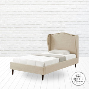 HomeRoots Beige Linen Upholstered Twin Bed Frame - Nailhead Trim, Rustic Charm & Durable Comfort for Any Room 544857
