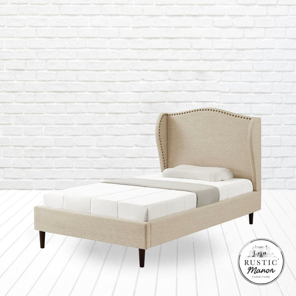 HomeRoots Beige Linen Upholstered Twin Bed Frame - Nailhead Trim, Rustic Charm & Durable Comfort for Any Room 544857