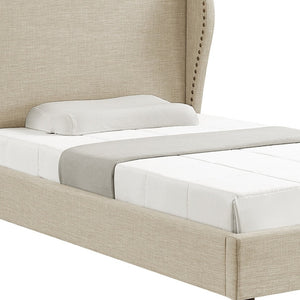 HomeRoots Beige Linen Upholstered Twin Bed Frame - Nailhead Trim, Rustic Charm & Durable Comfort for Any Room 544857