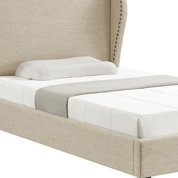 HomeRoots Beige Linen Upholstered Twin Bed Frame - Nailhead Trim, Rustic Charm & Durable Comfort for Any Room 544857