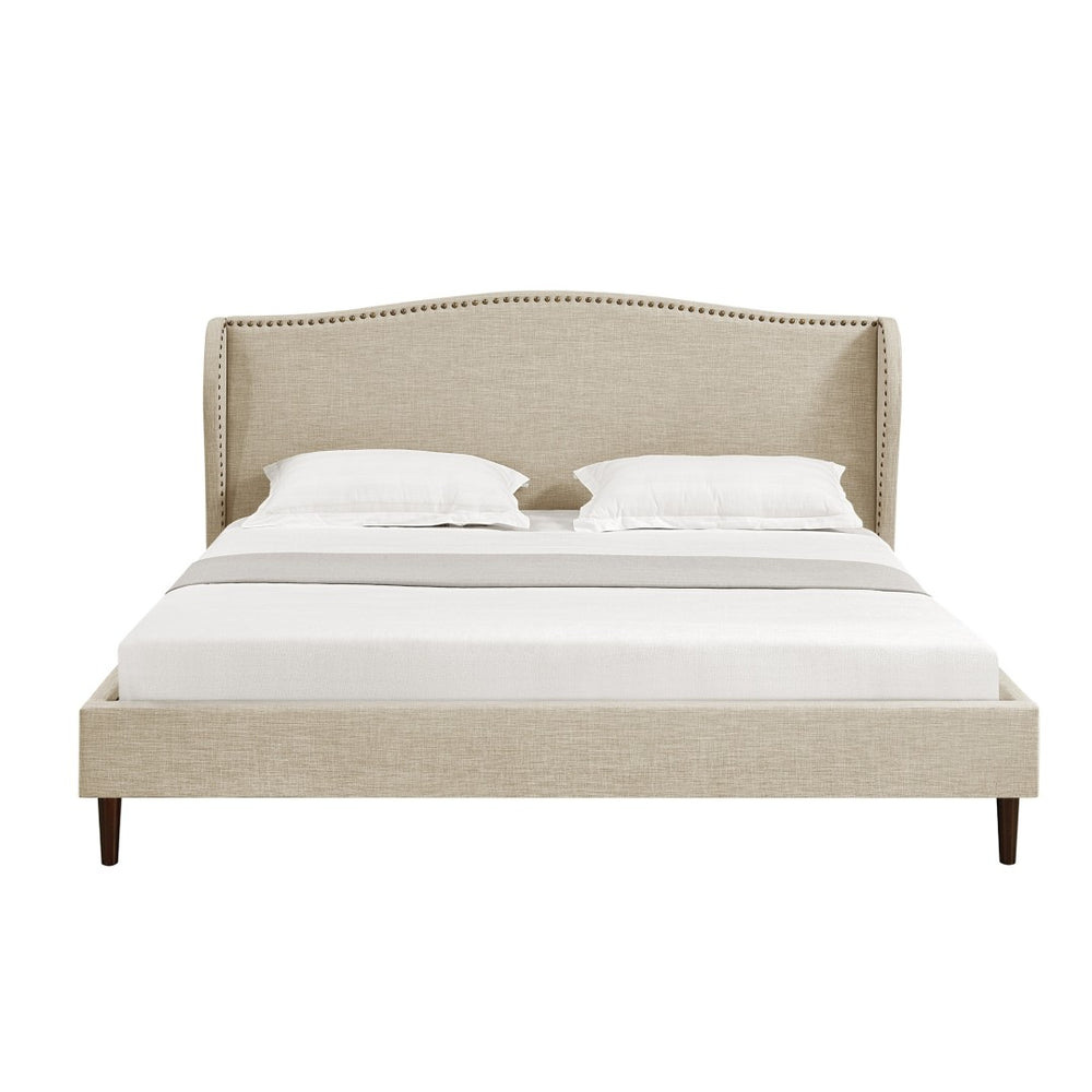 HomeRoots Beige Linen Upholstered King Bed Frame with Nailhead Trim – Elegant Comfort for Rustic & Modern Styles 544858
