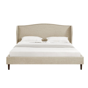 HomeRoots Beige Linen Upholstered King Bed Frame with Nailhead Trim – Elegant Comfort for Rustic & Modern Styles 544858