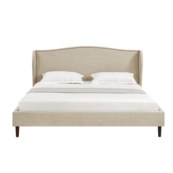 HomeRoots Beige Linen Upholstered King Bed Frame with Nailhead Trim – Elegant Comfort for Rustic & Modern Styles 544858