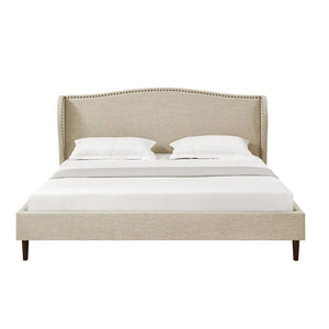 HomeRoots Beige Linen Upholstered King Bed Frame with Nailhead Trim – Elegant Comfort for Rustic & Modern Styles 544858