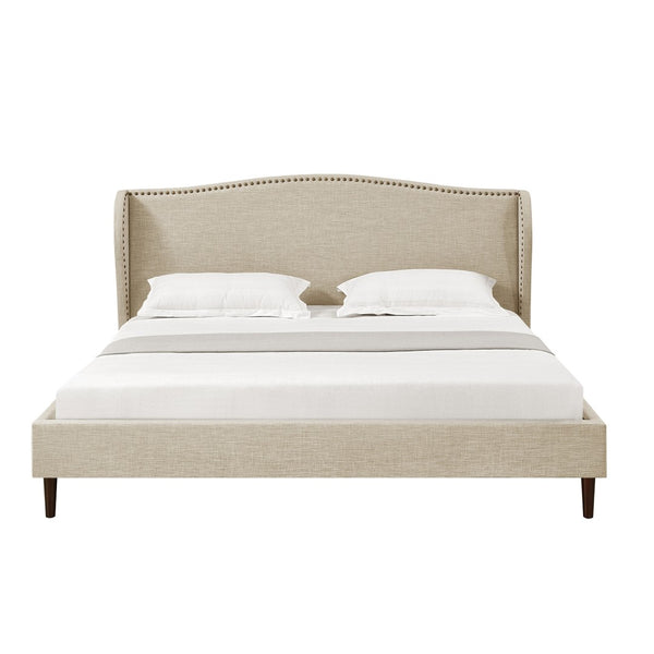 HomeRoots Beige Linen Upholstered King Bed Frame with Nailhead Trim – Elegant Comfort for Rustic & Modern Styles 544858